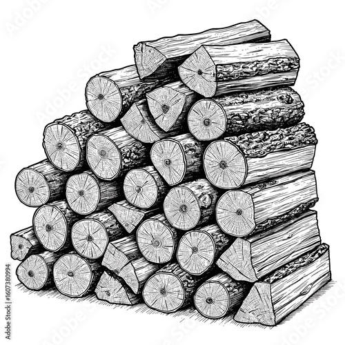 Neatly stacked pile of raw firewood logs with rough textures — vintage sketch doodle vector illustration on white background
