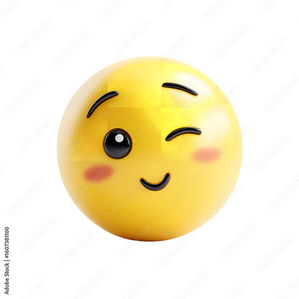 Fototapeta premium A yellow emoji with a winking eye and a smile on a black background expressing a playful mood