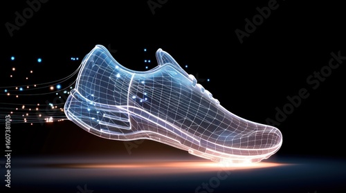 Futuristic Running Shoe: Digital Wireframe Sneaker in Motion