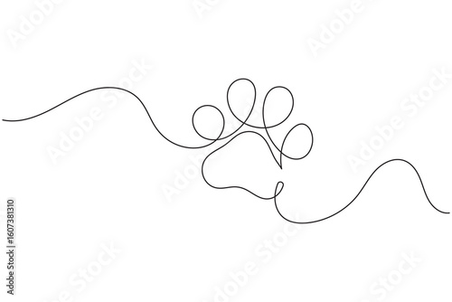 Continuous line drawing of a dog paw print isolated on white background for pet lover design