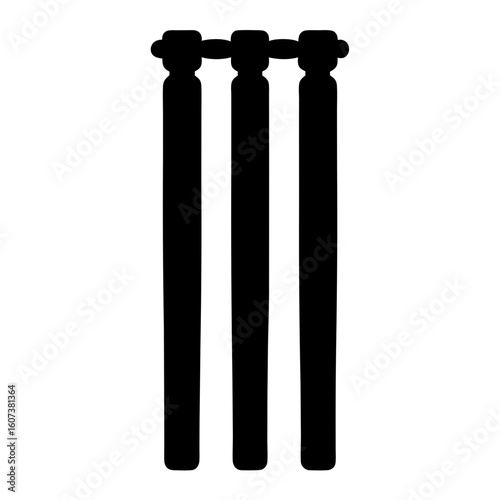 Black and white stylized depiction of cricket wickets with a silhouette effect
