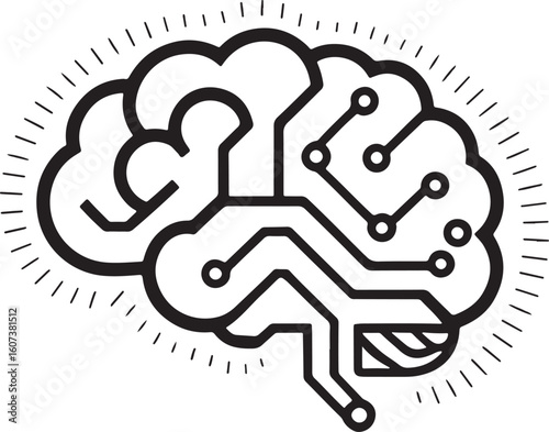 Black and white stylized human brain with circuit board connections mind thinking