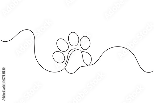 Continuous line drawing of a dog paw print isolated on white background for pet lover design
