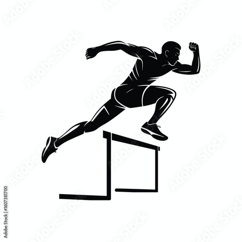 Silhouette of male athlete jumping over hurdle, track and field sports vector illustration, isolated on white background for fitness, competition, and motivation designs.