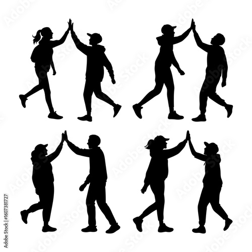 Group of People Giving High Five Silhouette – Friendship, Teamwork and Celebration Concept