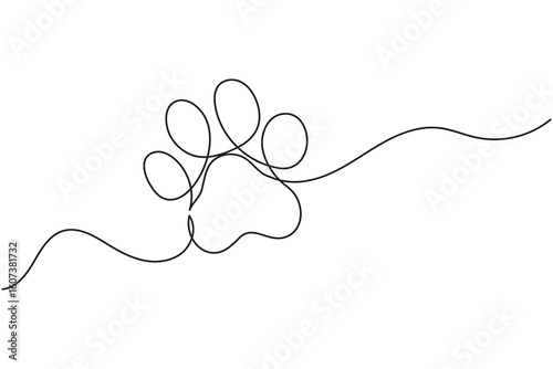 Continuous line drawing of a dog paw print isolated on white background for pet lover design