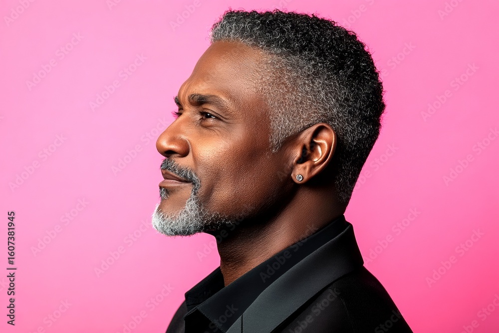 Obraz premium A middle-aged man looking happy and relaxed. A charming male captured in a close-up studio shot. A confident and poised man in a professional setting. A trendy and poised male showing charm.