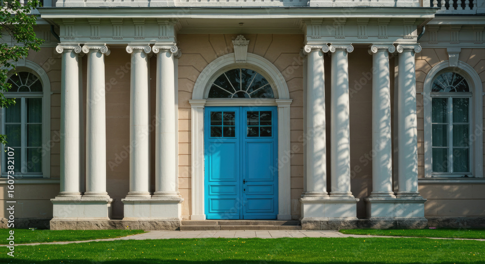 Obraz premium Classic Building Entrance with Blue Door and Columns.