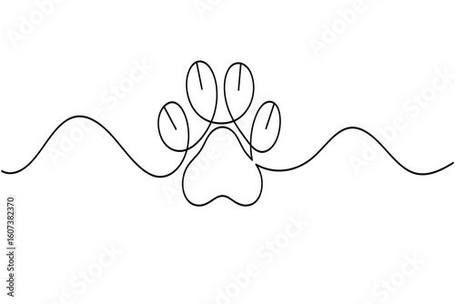 Continuous line drawing of a dog paw print isolated on white background for pet lover design