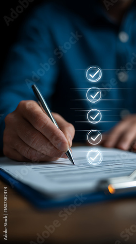 Person's hand holding pen signing document with glowing checkmarks checklist