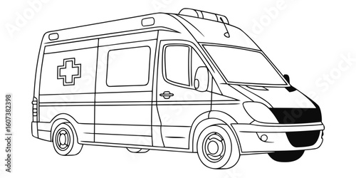 Black and white ambulance vehicle illustration with cross symbol on side emergency medical services transportation concept