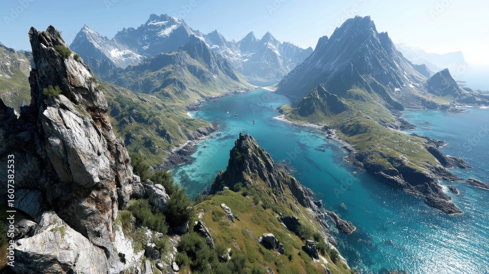 Naklejka premium Breathtaking Fjord Landscape with Dramatic Cliffs and Turquoise Waters