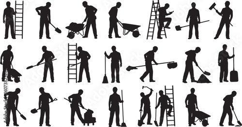 Silhouettes of construction workers with tools and ladders, construction, worker, silhouette, man, person, ladder, shovel, wheelbarrow, broom, digging, carrying, building, labor, manual labor, outdoor