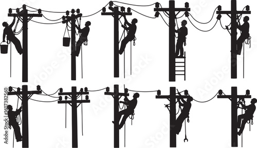 Silhouettes of linemen working on utility poles and power lines, lineman, electrician, utility worker, power line, electricity, pole, climbing, working, silhouette, black and white, danger, high volta