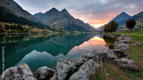 Serene Mountain Lake Reflection at Golden Hour