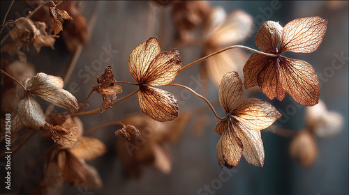 Dried flowers display their intricate details in warm, earthy tones against a soft background.