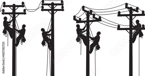 Silhouettes of linemen working on utility poles with wires, lineman, utility pole, electricity, power line, worker, silhouette, climbing, working, maintenance, repair, electrical, infrastructure, ener
