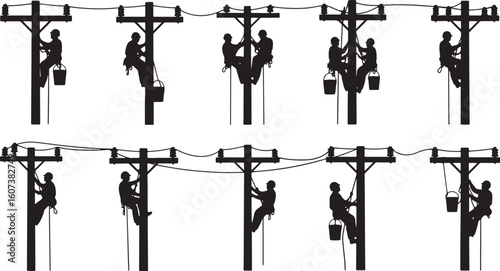 Silhouettes of linemen working on utility poles with buckets, lineman, utility pole, silhouette, worker, electrician, power line, climbing, working, maintenance, repair, electricity, high voltage, saf