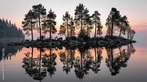 Tranquil Island Reflection at Dawn: Serene Landscape with Mirror Image