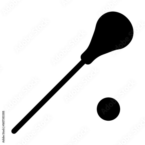 A black silhouette image of a fly swatter and a small black dot