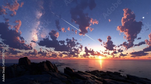 Dramatic Sunset Over Ocean with Airplane Trail