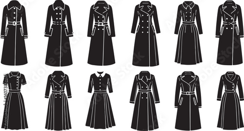 Black silhouette collection of women's coats and dresses, coat, trench coat, dress, women's fashion, clothing, silhouette, black and white, fashion design, outerwear, double-breasted, belted, collar, 