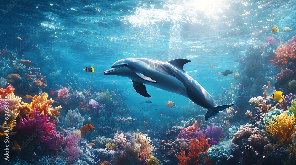 Naklejka premium Underwater dolphin surrounded by vibrant reef and sunlight high resolution picture