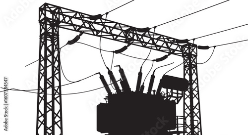Black silhouette of a power substation transformer and towers, electricity, power, substation, transformer, electrical, energy, industry, infrastructure, transmission, distribution, high voltage, powe