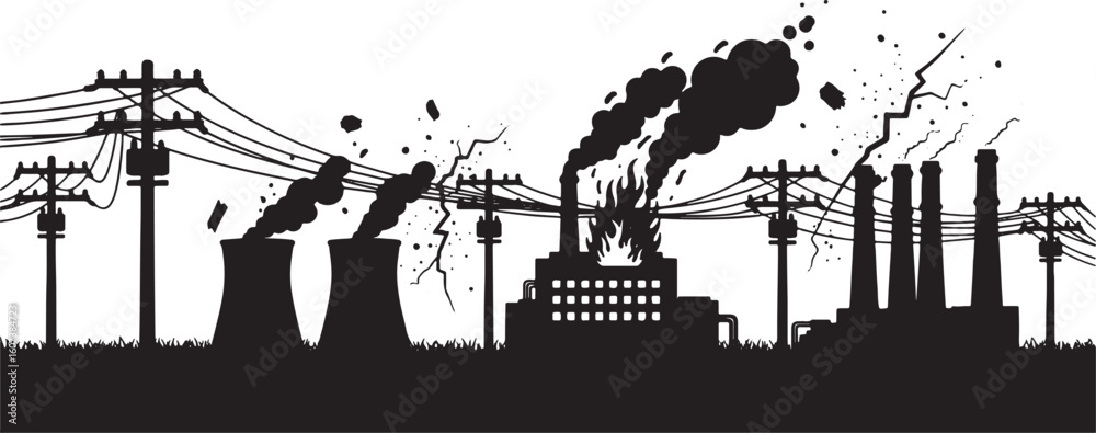 Naklejka premium Black silhouette of burning factory with smoke and power lines, factory, industry, fire, burning, smoke, pollution, power lines, electricity, poles, wires, silhouette, black and white, industrial land