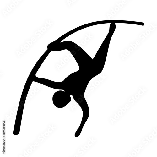 Silhouette of a pole vaulter in action performing a vaulting jump