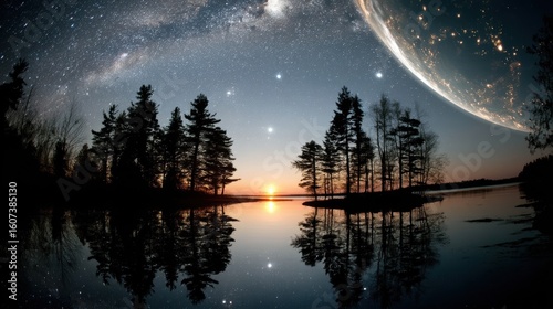 Tranquil Forest Reflection Under Starry Sky and Moon