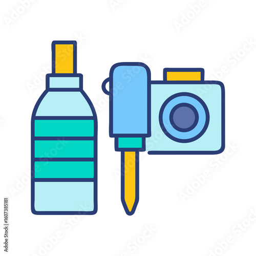Stylized bottle, geotagging device, and camera on black background