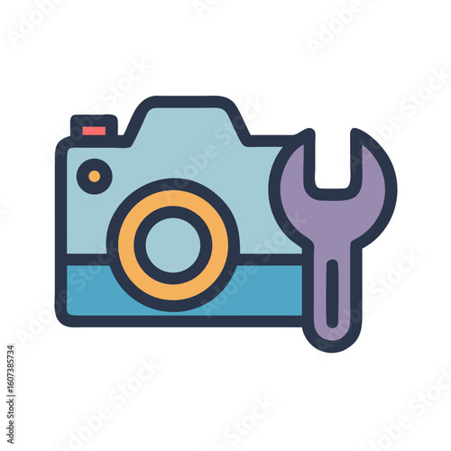 Camera repair service concept icon, digital photo equipment maintenance