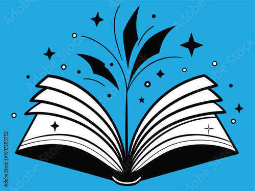 Open Book with Stars and Sparkles Illustration on Blue Background for Reading Promotion