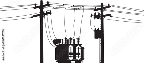 Black silhouette of electrical transformer and power lines on poles, electricity, power, energy, transformer, electrical, pole, power line, utility, infrastructure, high voltage, transmission, distrib