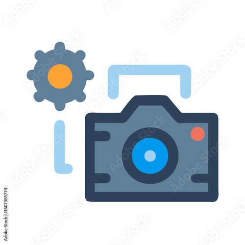 Stylized icon of a camera with a settings cog