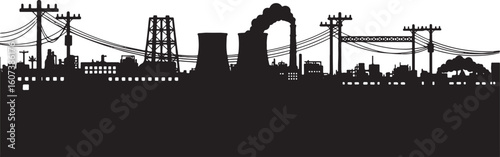 Black silhouette of industrial cityscape with power lines and smoke, industrial, cityscape, silhouette, black and white, factory, power lines, electricity, pollution, smoke, chimney, cooling towers, t