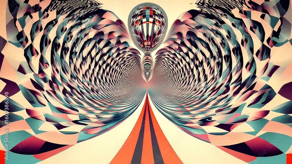 Mirrored digital art displaying a kaleidoscopic illusion with symmetrical forms and vibrant colors, creating a tunnel effect