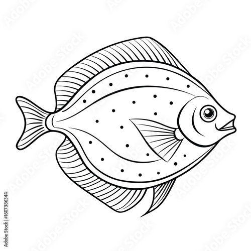 Outline illustration of a flounder fish in a simple clean design isolated on white background