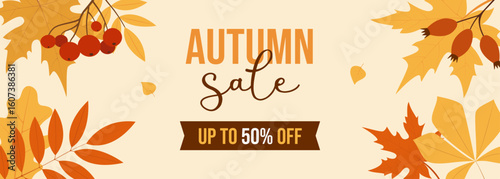 Horizontal banner for autumn sale with fall leaves. Vector illustration template for seasonal discounts in stores, promoting fall sales and special offers