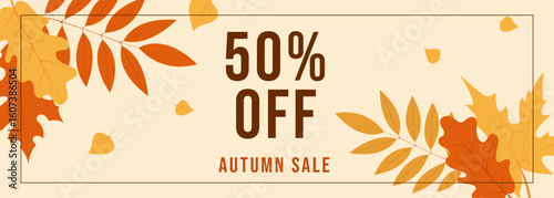 Horizontal banner for autumn sale with fall leaves. Vector illustration template for seasonal discounts in stores, promoting fall sales and special offers