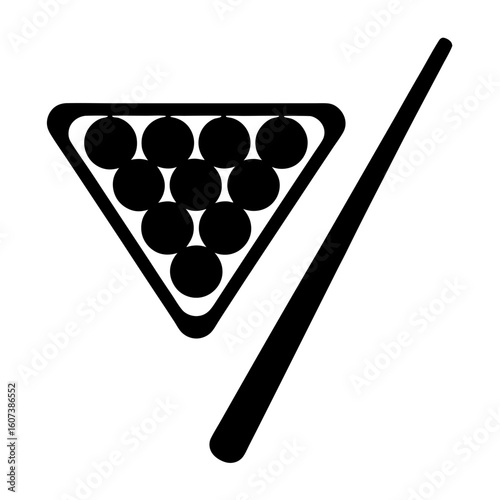 Graphic representation of billiards equipment including a rack and cue stick