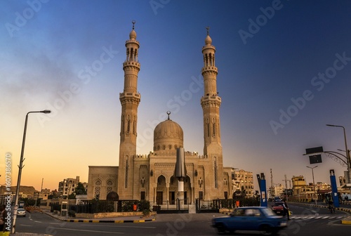 Abdulmoneim Riadh Mosque at sunset in El Dahar district in Hurgada, southern Egypt