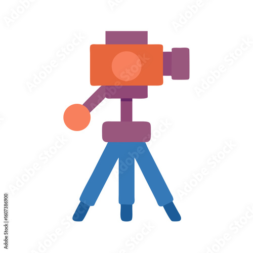 Isolated orange camera on tripod against plain black background