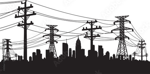 Black silhouette of power lines and city skyline electricity, power lines, electricity, transmission tower, city, skyline, urban, infrastructure, energy, high voltage, industrial, silhouette, black an
