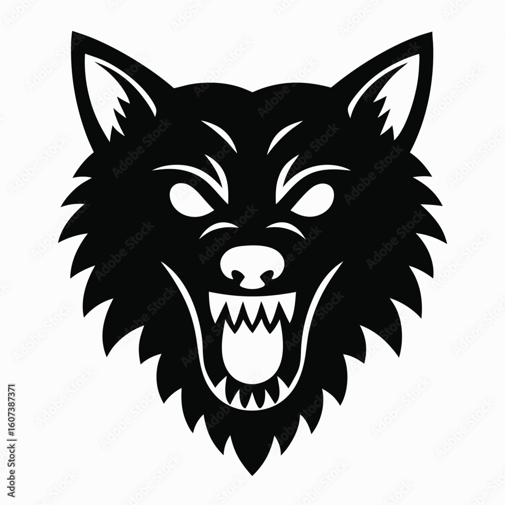 Obraz premium Black and white snarling wolf head illustration silhouette