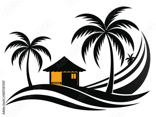 Tropical Beach Hut Vector Graphic with Palm Trees and Ocean Waves Illustration