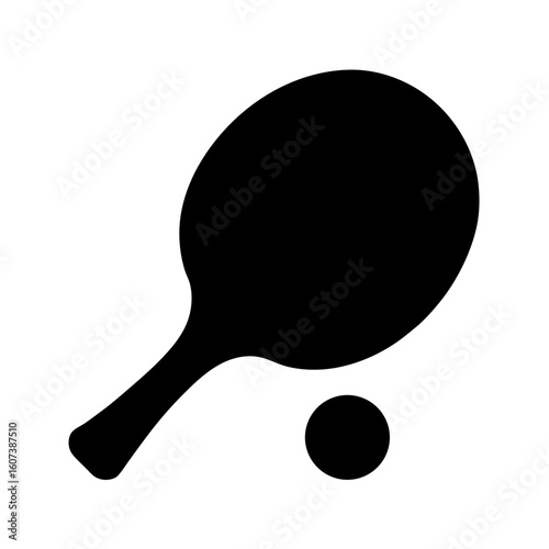 A simple black silhouette of a ping pong paddle and ball