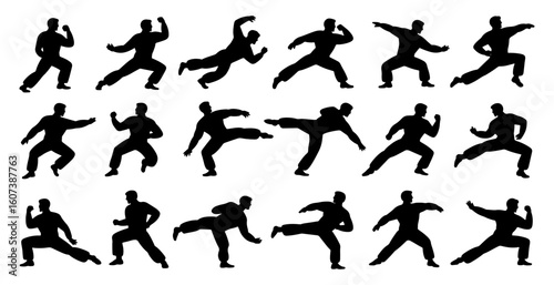 Martial arts silhouettes vector set karate kung fu fighting poses action figures