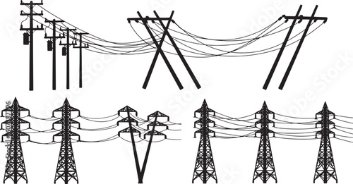Black silhouette of power lines and transmission towers, electricity, power line, transmission tower, pylon, electricity pole, utility pole, power grid, energy, infrastructure, high voltage, overhead 